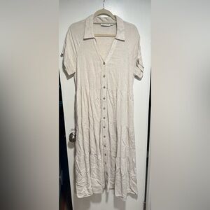 Petal & Pup Button-Front Tiered Linen Midi Dress in Light Beige